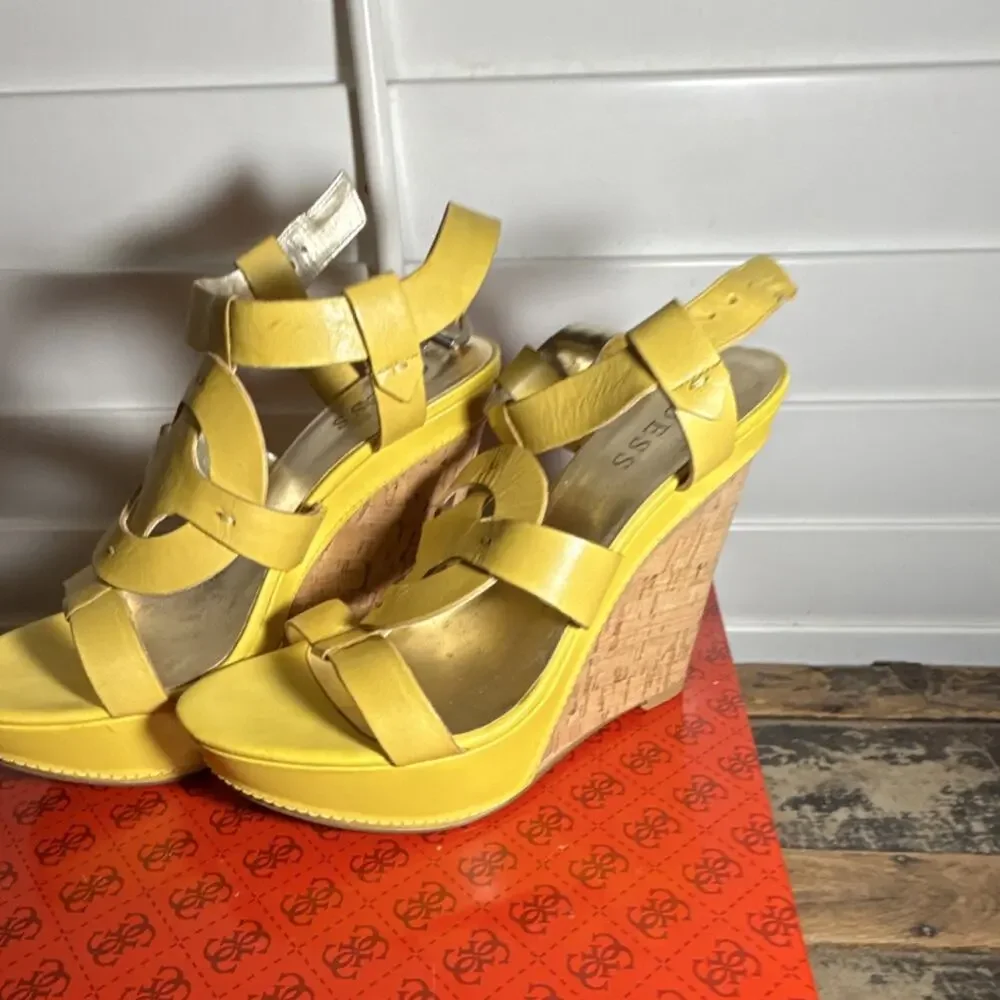 GUESS Yellow Leather Strappy Wedge Sandals Buckle Women's Size 7.5M